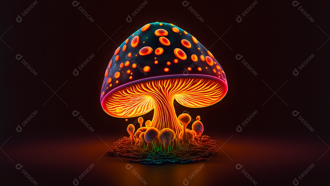 Cogumelo mágico brilhante sobre fundo preto, arte gerada por rede neural