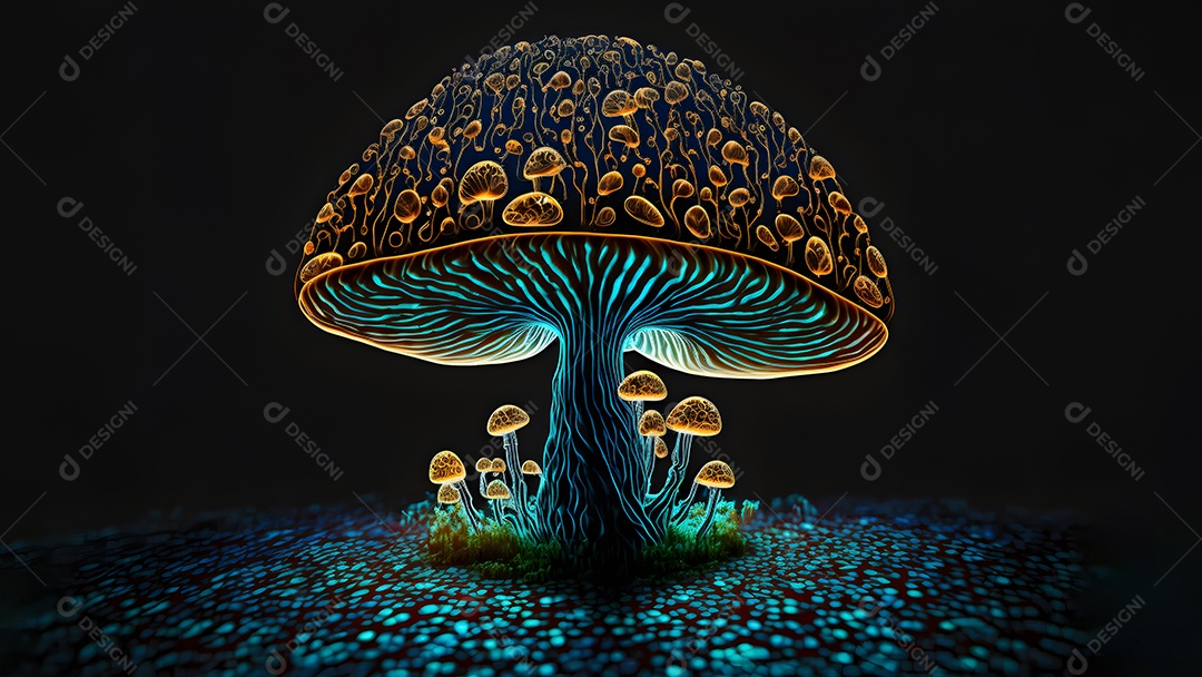 Cogumelo mágico brilhante sobre fundo preto, arte gerada por rede neural
