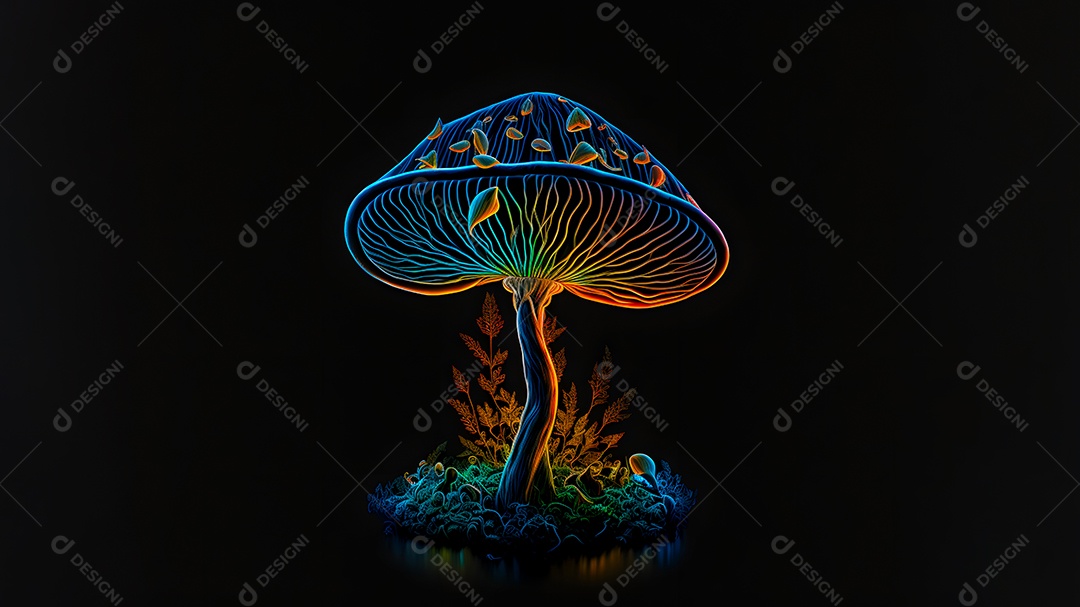 Cogumelo mágico brilhante sobre fundo preto, arte gerada por rede neural
