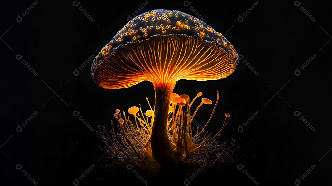 Cogumelo mágico brilhante sobre fundo preto, arte gerada por rede neural