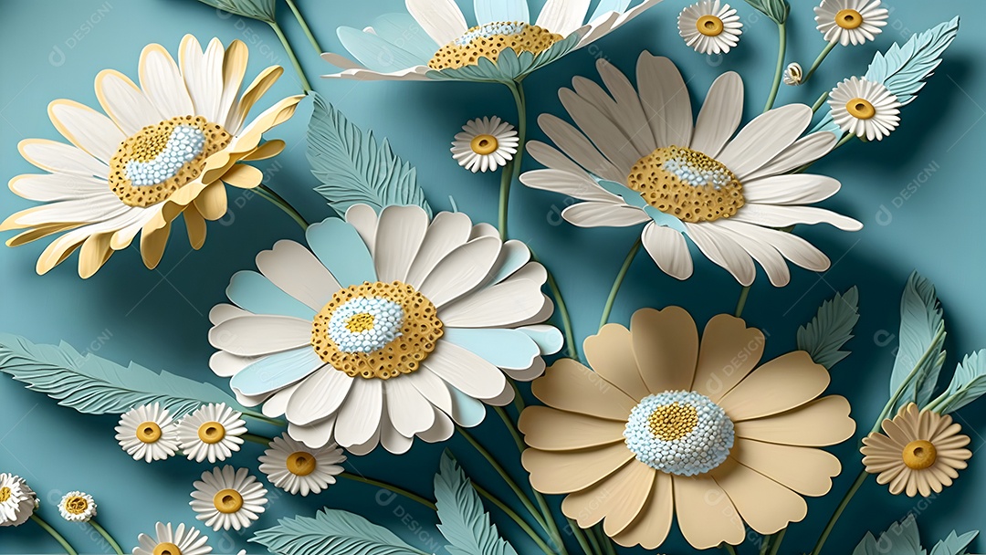 Flores abstratas de camomila em fundo azul, vista de cima