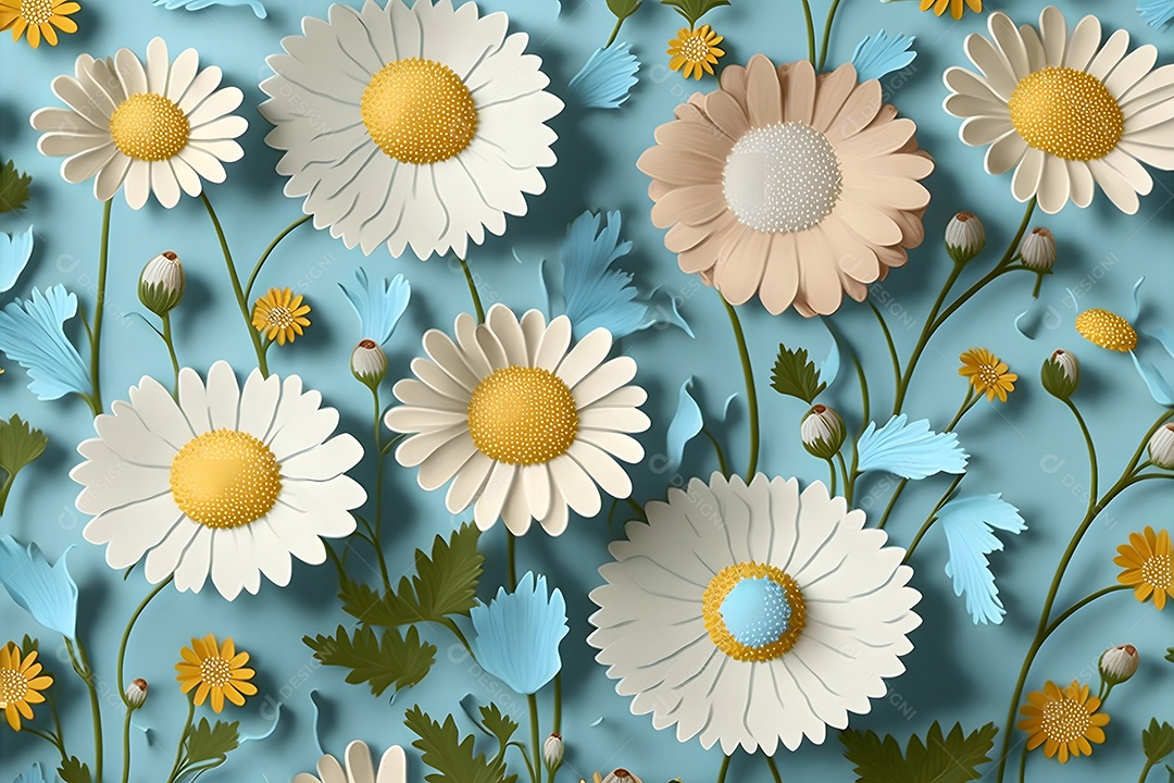 Flores abstratas de camomila em fundo azul, vista de cima