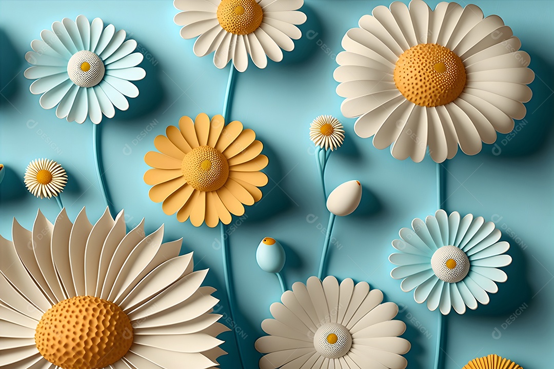 Flores abstratas de camomila em fundo azul, vista de cima
