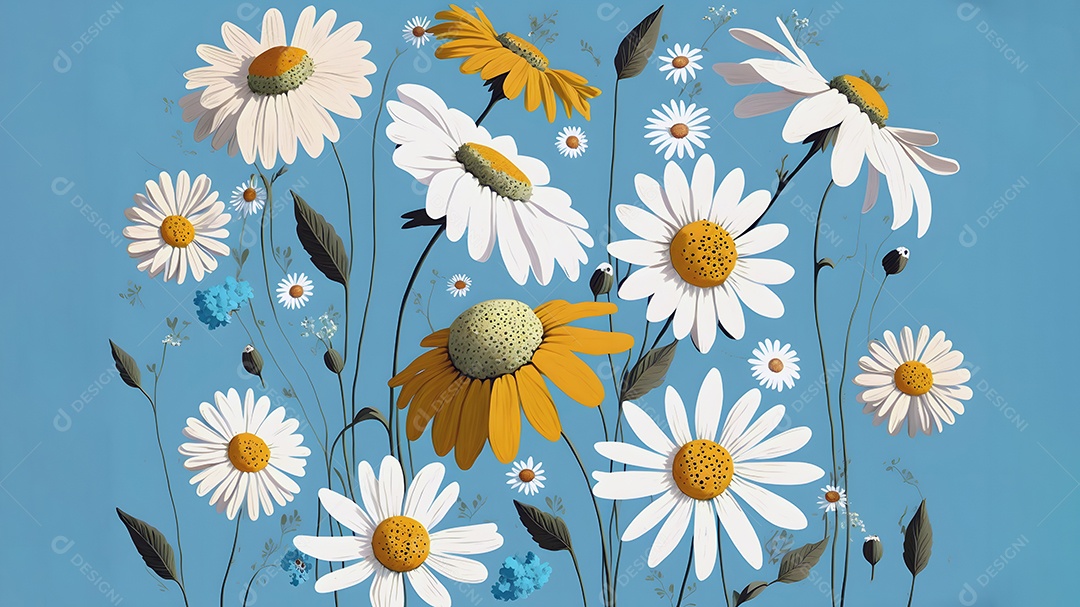 Flores abstratas de camomila em fundo azul, vista de cima