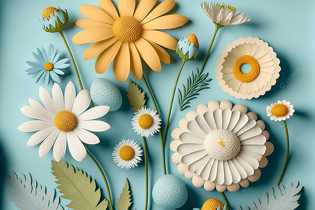 Flores abstratas de camomila em fundo azul, vista de cima