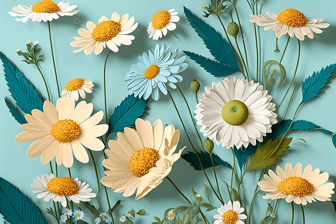 Flores abstratas de camomila em fundo azul, vista de cima