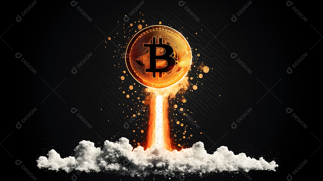 Foguete bitcoin partindo em fundo preto,