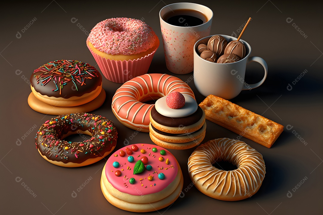 Copo de leite e donuts glaceados sobre a mesa,