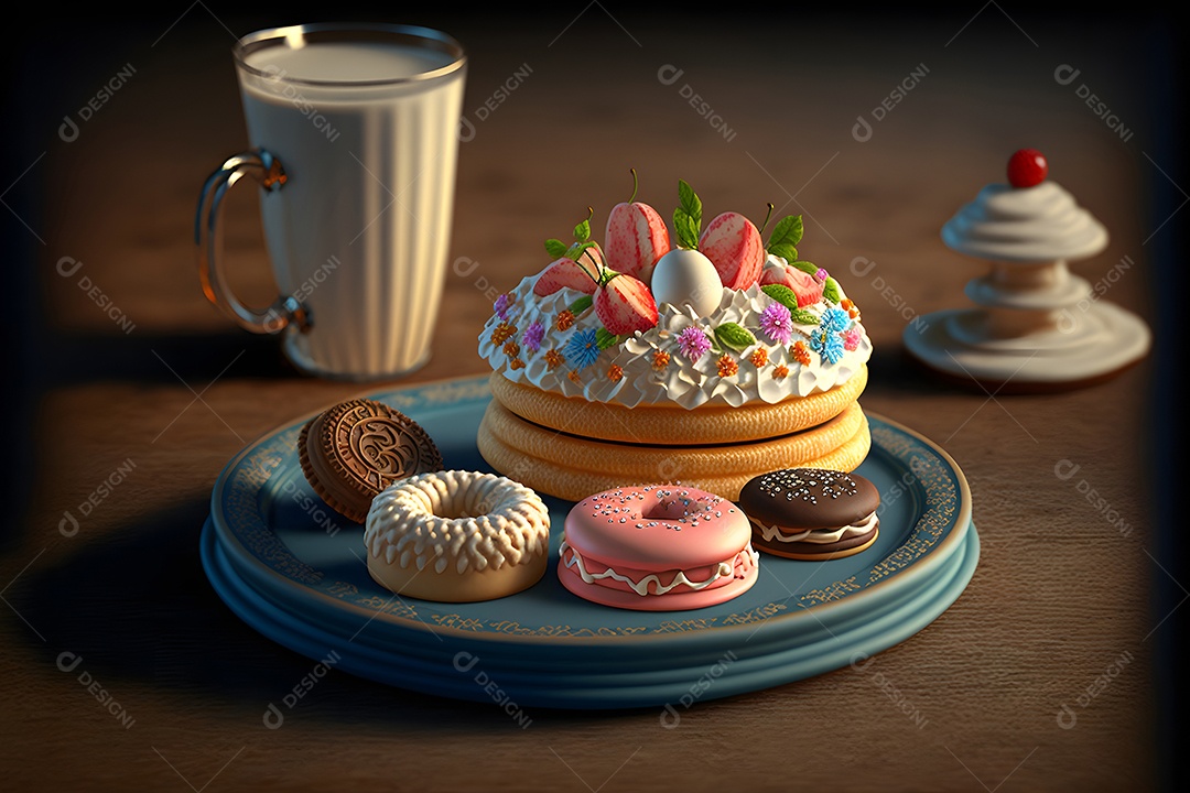 Copo de leite e donuts glaceados sobre a mesa,