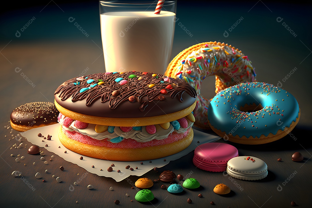 Copo de leite e donuts glaceados sobre a mesa,