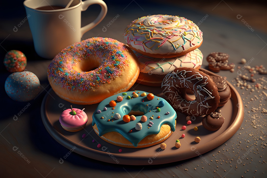 Copo de leite e donuts glaceados sobre a mesa,