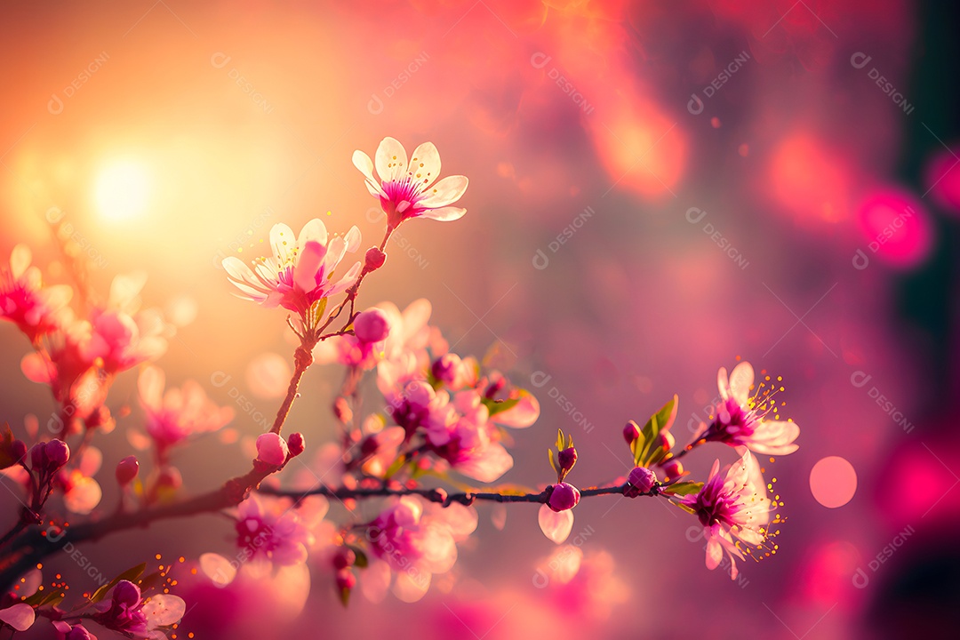 Visão aproximada de uma cerejeira ou sakura em flor com foco seletivo, bokeh e luz artística
