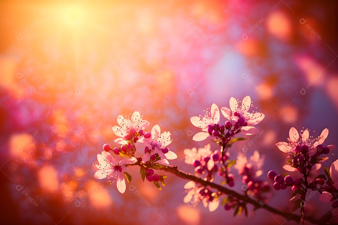 Visão aproximada de uma cerejeira ou sakura em flor com foco seletivo, bokeh e luz artística