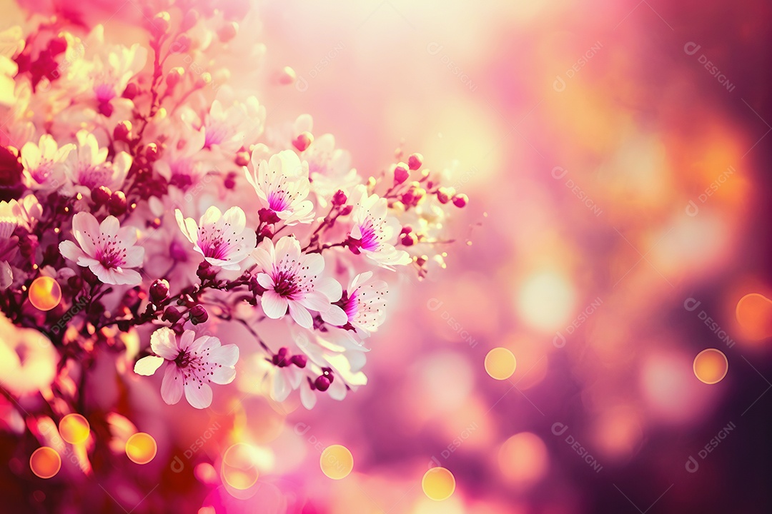Visão aproximada de uma cerejeira ou sakura em flor com foco seletivo, bokeh e luz artística