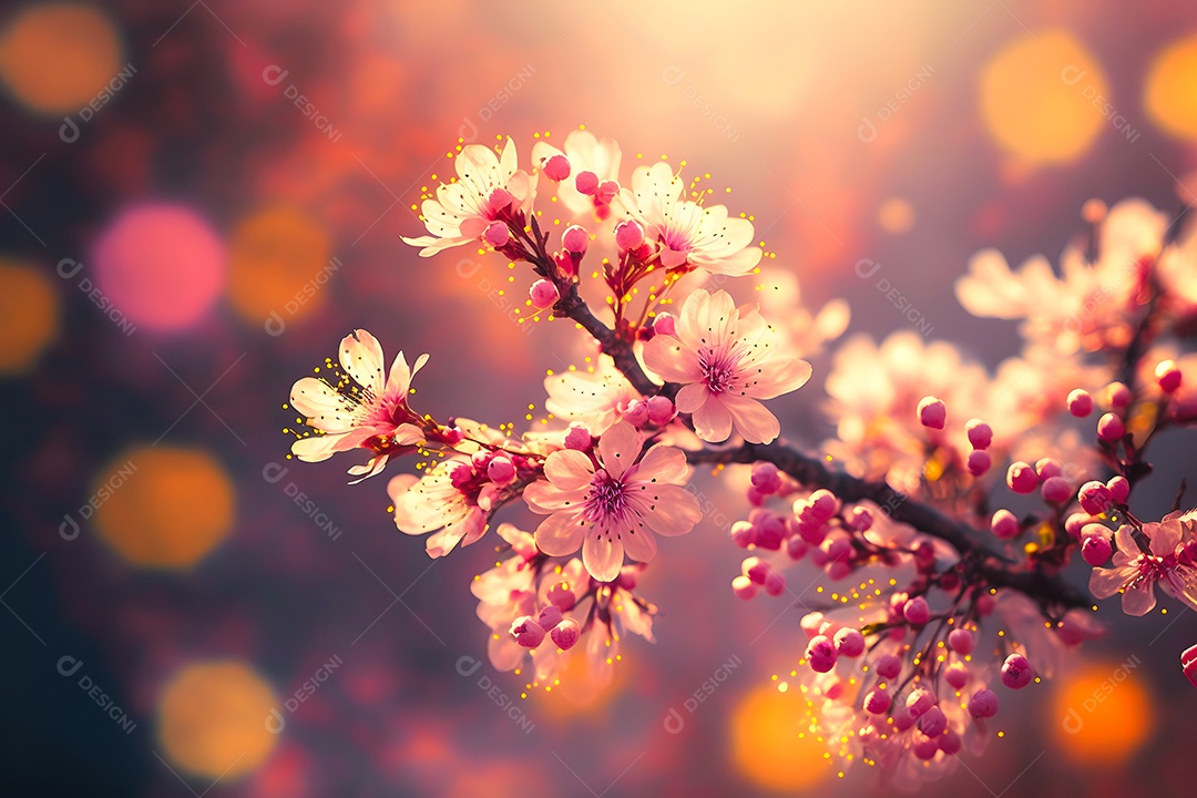 Visão aproximada de uma cerejeira ou sakura em flor com foco seletivo, bokeh e luz artística