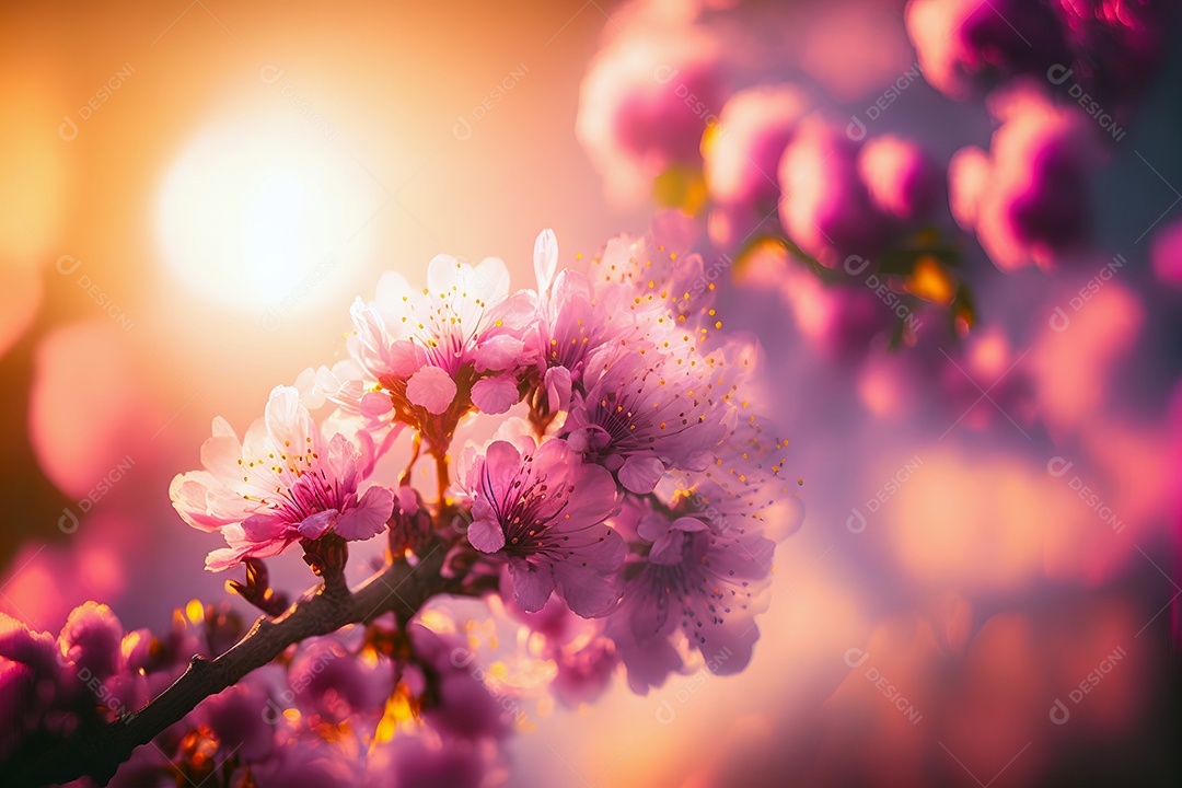 Visão aproximada de uma cerejeira ou sakura em flor com foco seletivo, bokeh e luz artística