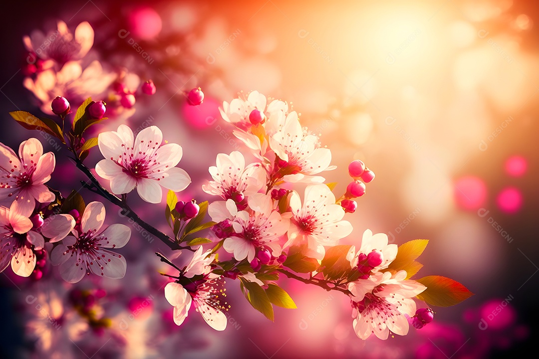 Visão aproximada de uma cerejeira ou sakura em flor com foco seletivo, bokeh e luz artística