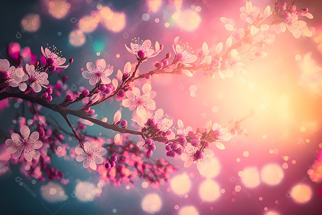 Visão aproximada de uma cerejeira ou sakura em flor com foco seletivo, bokeh e luz artística