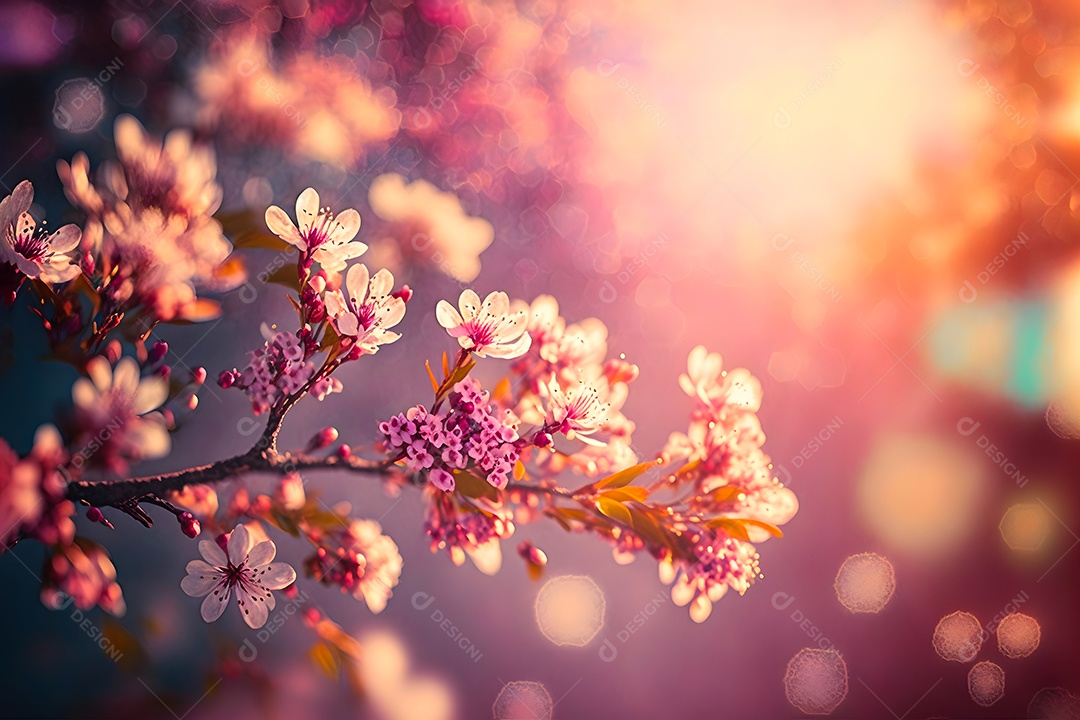 Visão aproximada de uma cerejeira ou sakura em flor com foco seletivo, bokeh e luz artística