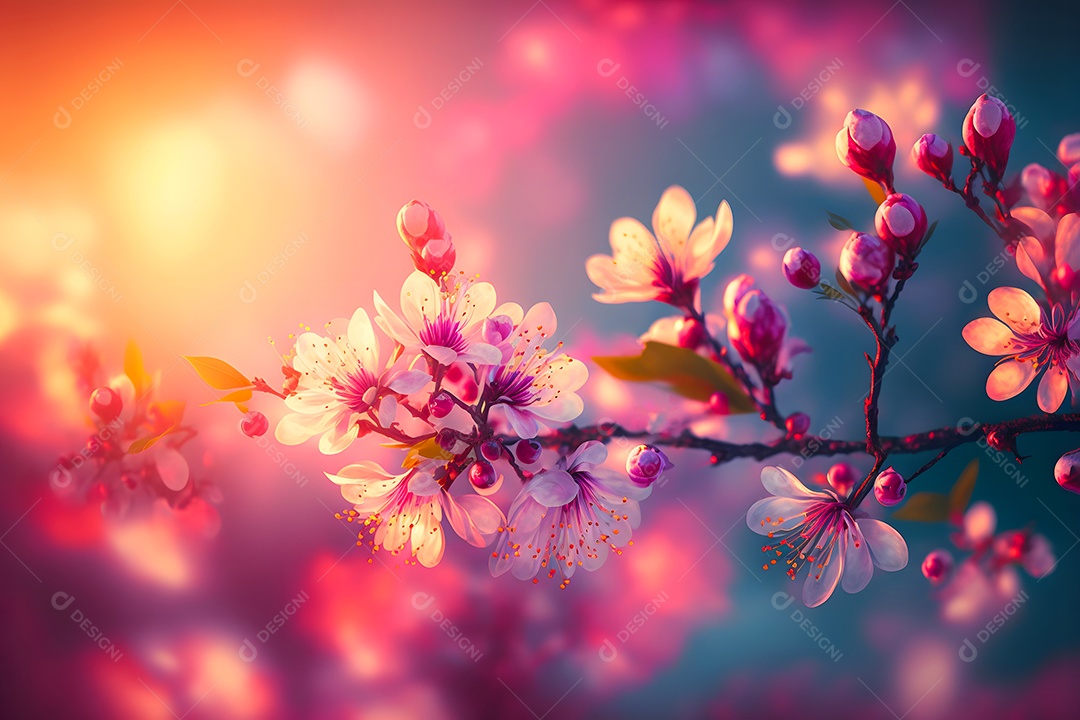 Visão aproximada de uma cerejeira ou sakura em flor com foco seletivo, bokeh e luz artística