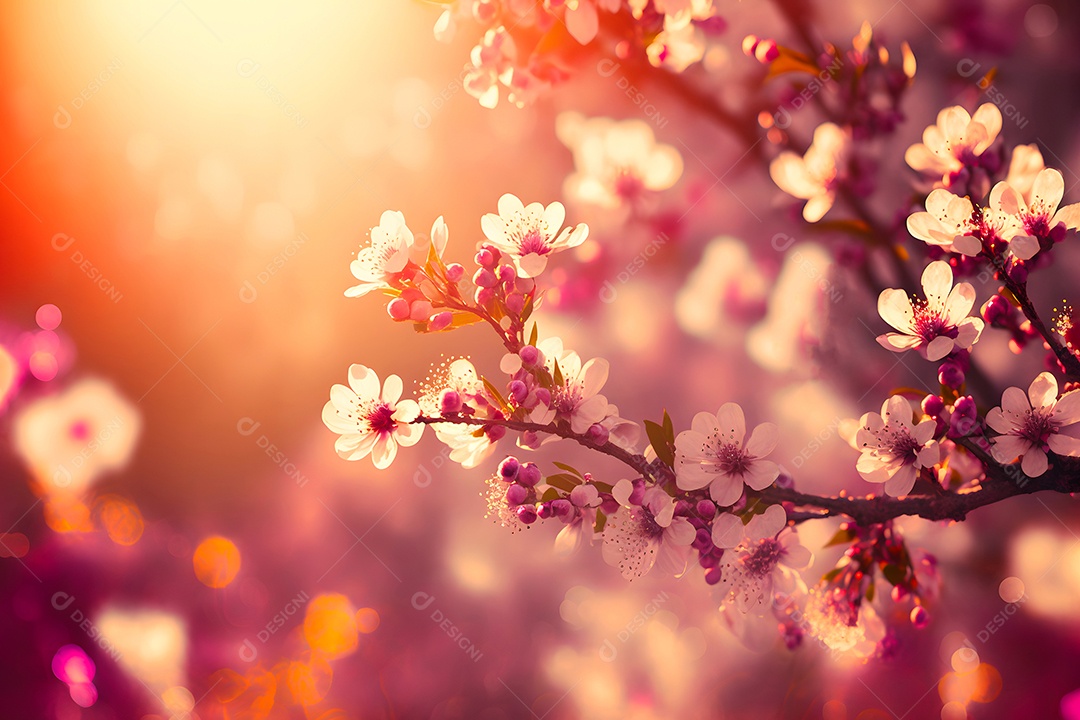 Visão aproximada de uma cerejeira ou sakura em flor com foco seletivo, bokeh e luz artística