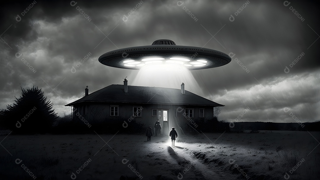 Disco voador OVNI pairando sobre um milharal em uma noite estrelada com um amplo feixe de luz abaixo, rede neural