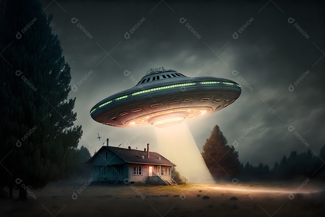 Disco voador OVNI pairando sobre um milharal em uma noite estrelada com um amplo feixe de luz abaixo, rede neural