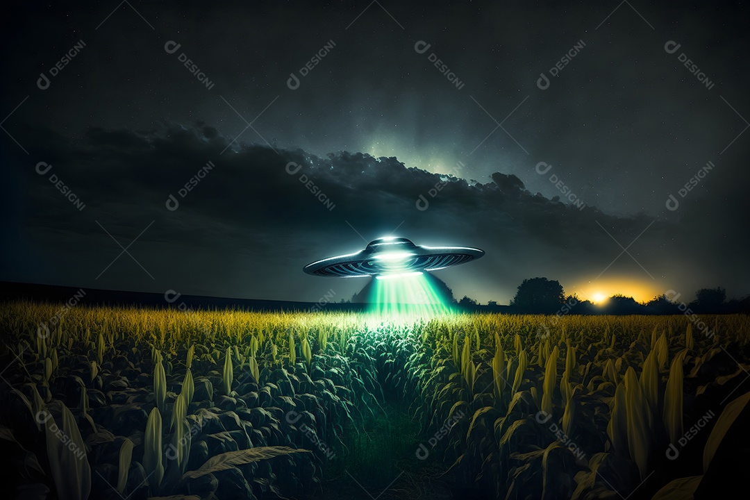 Disco voador OVNI pairando sobre um milharal em uma noite estrelada com um amplo feixe de luz abaixo, rede neural