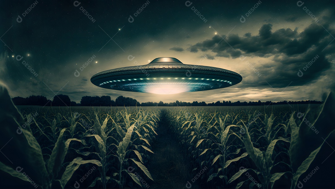 Disco voador OVNI pairando sobre um milharal em uma noite estrelada com um amplo feixe de luz abaixo, rede neural