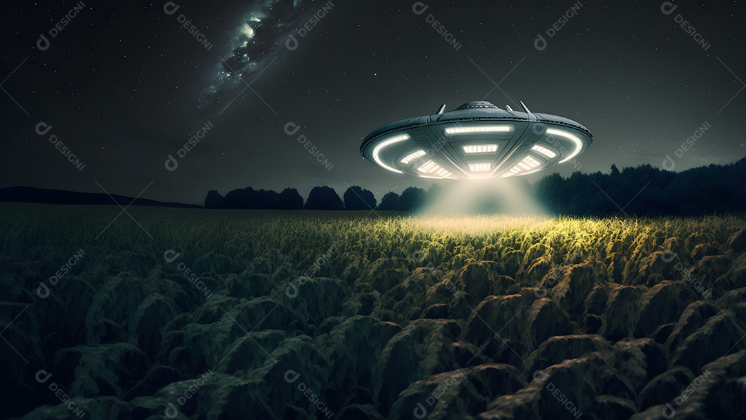 Disco voador OVNI pairando sobre um milharal em uma noite estrelada com um amplo feixe de luz abaixo, rede neural