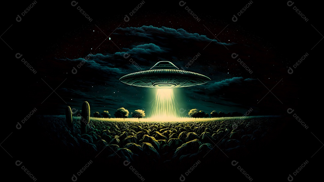 Disco voador OVNI pairando sobre um milharal em uma noite estrelada com um amplo feixe de luz abaixo, rede neural