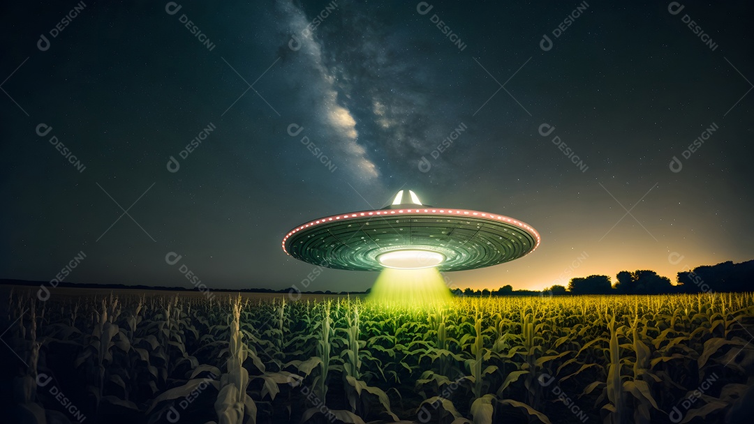 Disco voador OVNI pairando sobre um milharal em uma noite estrelada com um amplo feixe de luz abaixo, rede neural