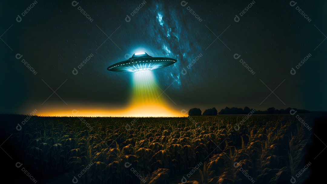 Disco voador OVNI pairando sobre um milharal em uma noite estrelada com um amplo feixe de luz abaixo, rede neural