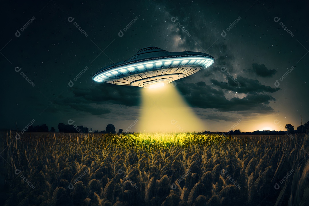 Disco voador OVNI pairando sobre um milharal em uma noite estrelada com um amplo feixe de luz abaixo, rede neural