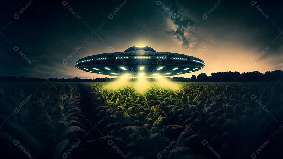 Disco voador OVNI pairando sobre um milharal em uma noite estrelada com um amplo feixe de luz abaixo, rede neural