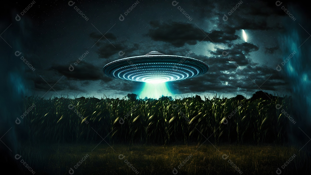 Disco voador OVNI pairando sobre um milharal em uma noite estrelada com um amplo feixe de luz abaixo, rede neural