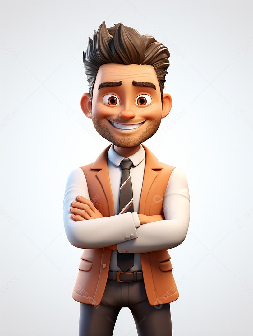 Homem de negócios 3d feliz cruzou os braços em 3d transparente