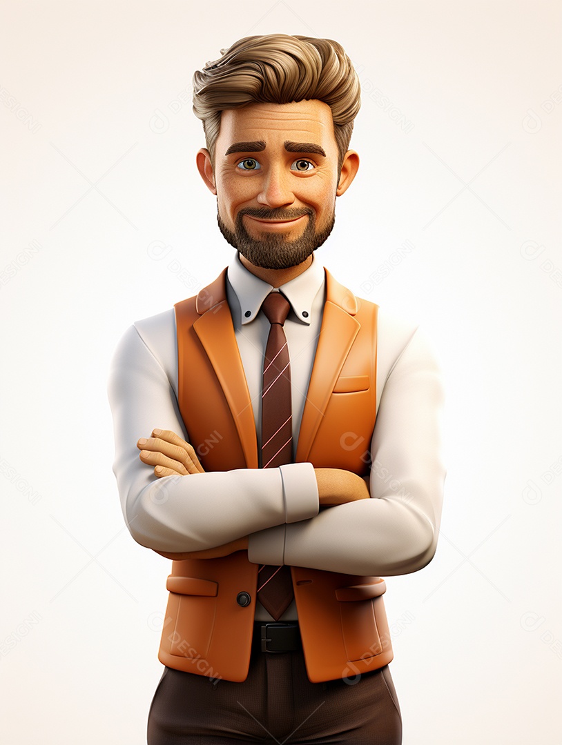 Homem de negócios 3d feliz cruzou os braços em 3d transparente