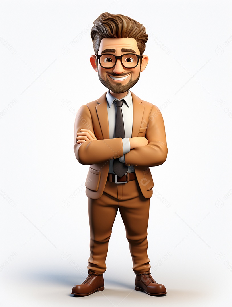 Homem de negócios 3d feliz cruzou os braços em 3d transparente