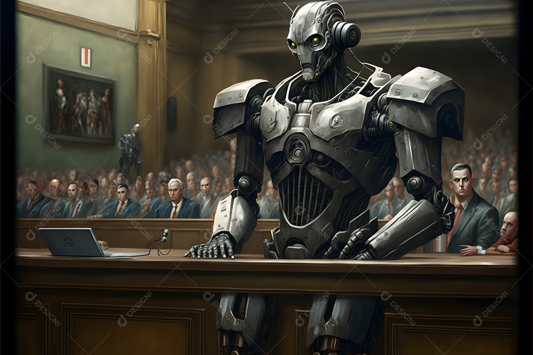 Retrato antropomórfico de cabeça de robô humanoide sobre fundo escuro em tons de azul