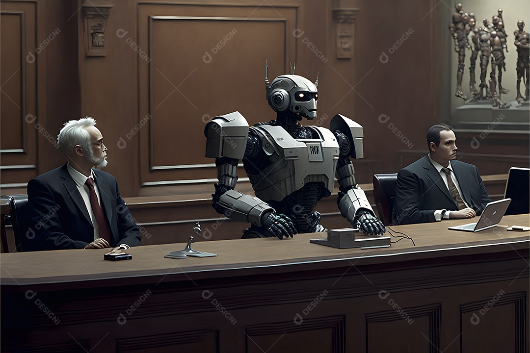 Retrato antropomórfico de cabeça de robô humanoide sobre fundo escuro em tons de azu