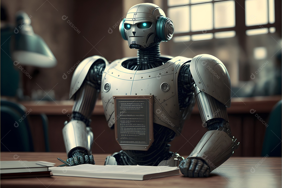 Retrato antropomórfico de cabeça de robô humanoide sobre fundo escuro em tons de azul