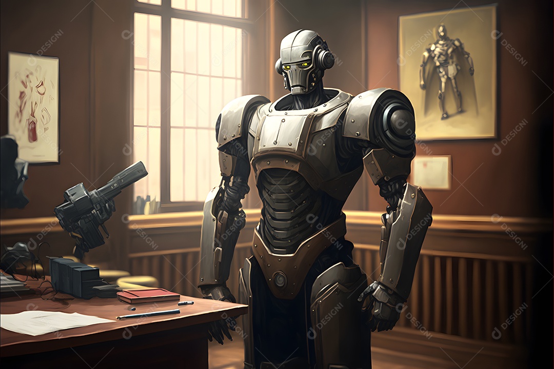 Retrato antropomórfico de cabeça de robô humanoide sobre fundo escuro em tons de azul