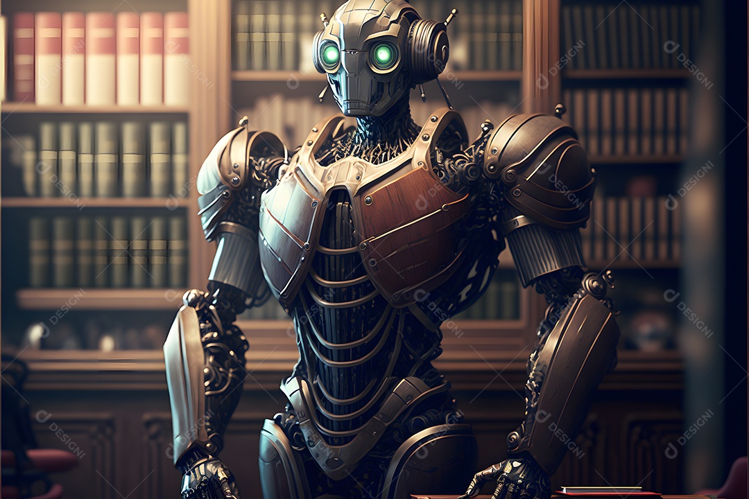 Retrato antropomórfico de cabeça de robô humanoide sobre fundo escuro em tons de azul