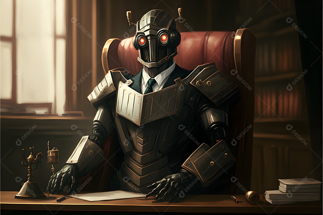 Retrato antropomórfico de cabeça de robô humanoide sobre fundo escuro em tons de azul