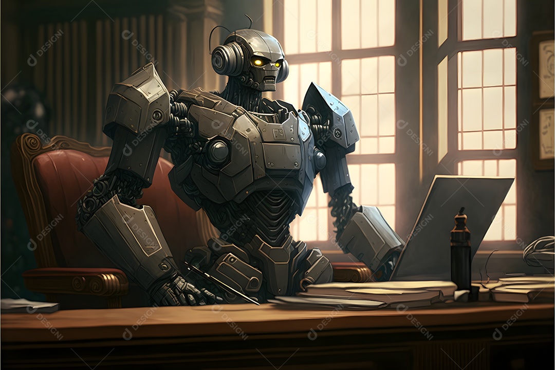 Retrato antropomórfico de cabeça de robô humanoide sobre fundo escuro em tons de azul