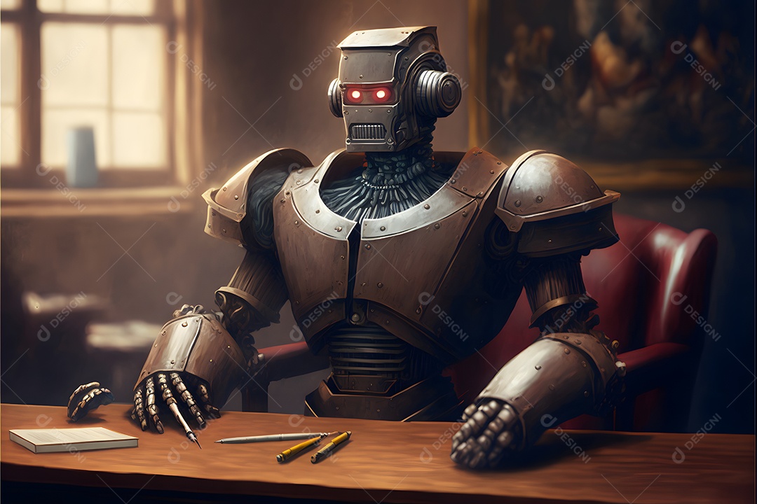 Retrato antropomórfico de cabeça de robô humanoide sobre fundo escuro em tons de azul