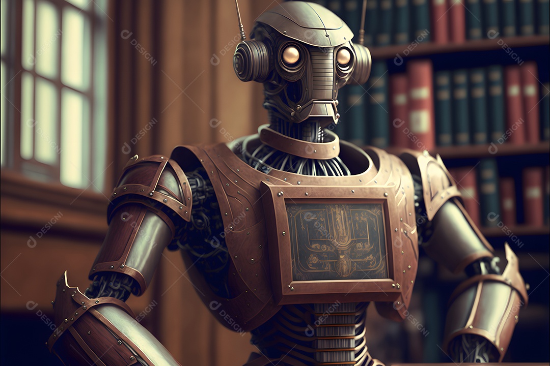 Retrato antropomórfico de cabeça de robô humanoide sobre fundo escuro em tons de azul