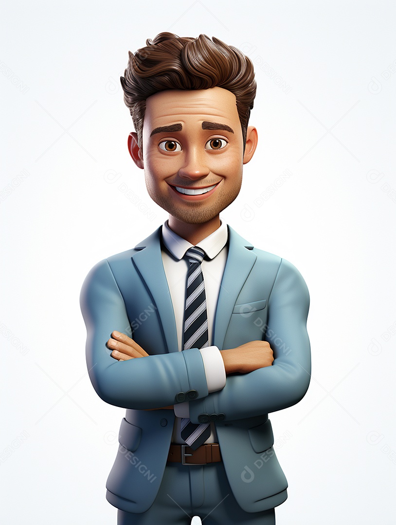 Homem de negócios 3d feliz cruzou os braços em 3d transparente