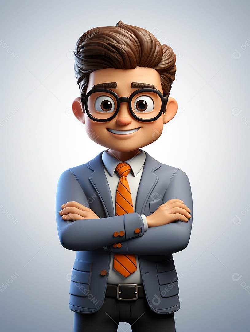 Homem de negócios 3d feliz cruzou os braços em 3d transparente